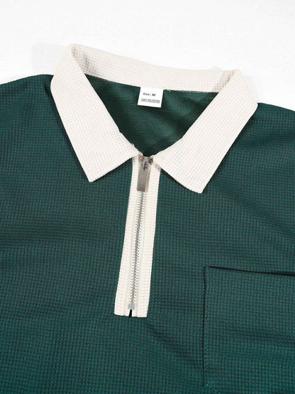 KZZ Color-block sleeve short-sleeve knit polo shirt and drawstring trousers