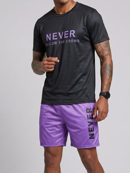 KZZ Letter-print color-block crew-neck short-sleeve top and drawstring shorts