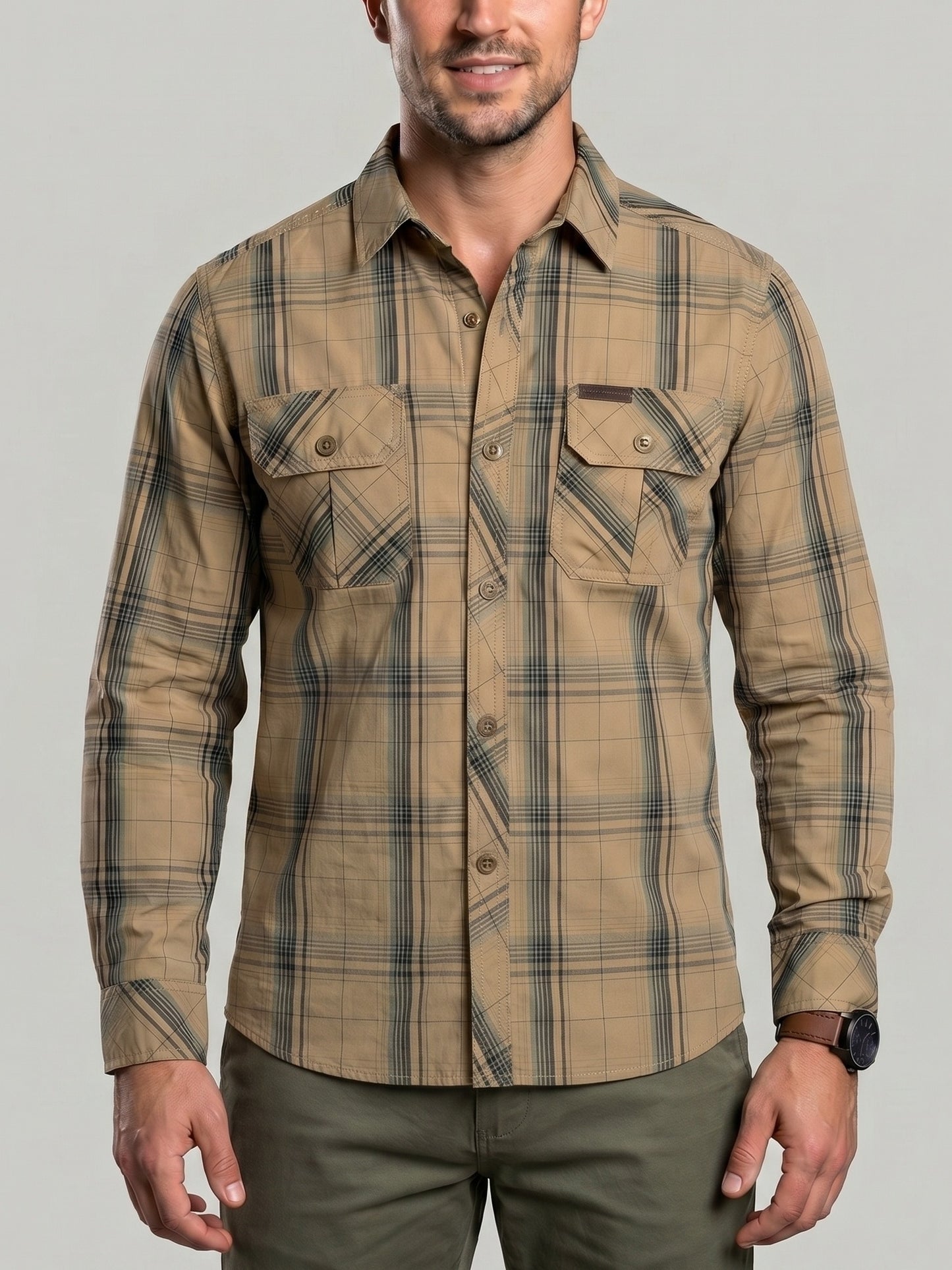 KZZ Men's long-sleeve plaid shirt