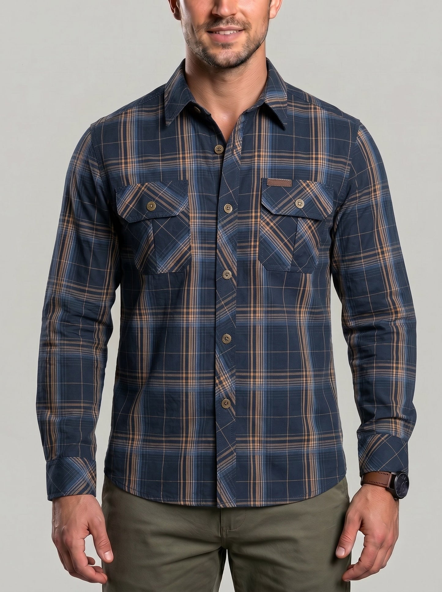 KZZ Men's long-sleeve plaid shirt