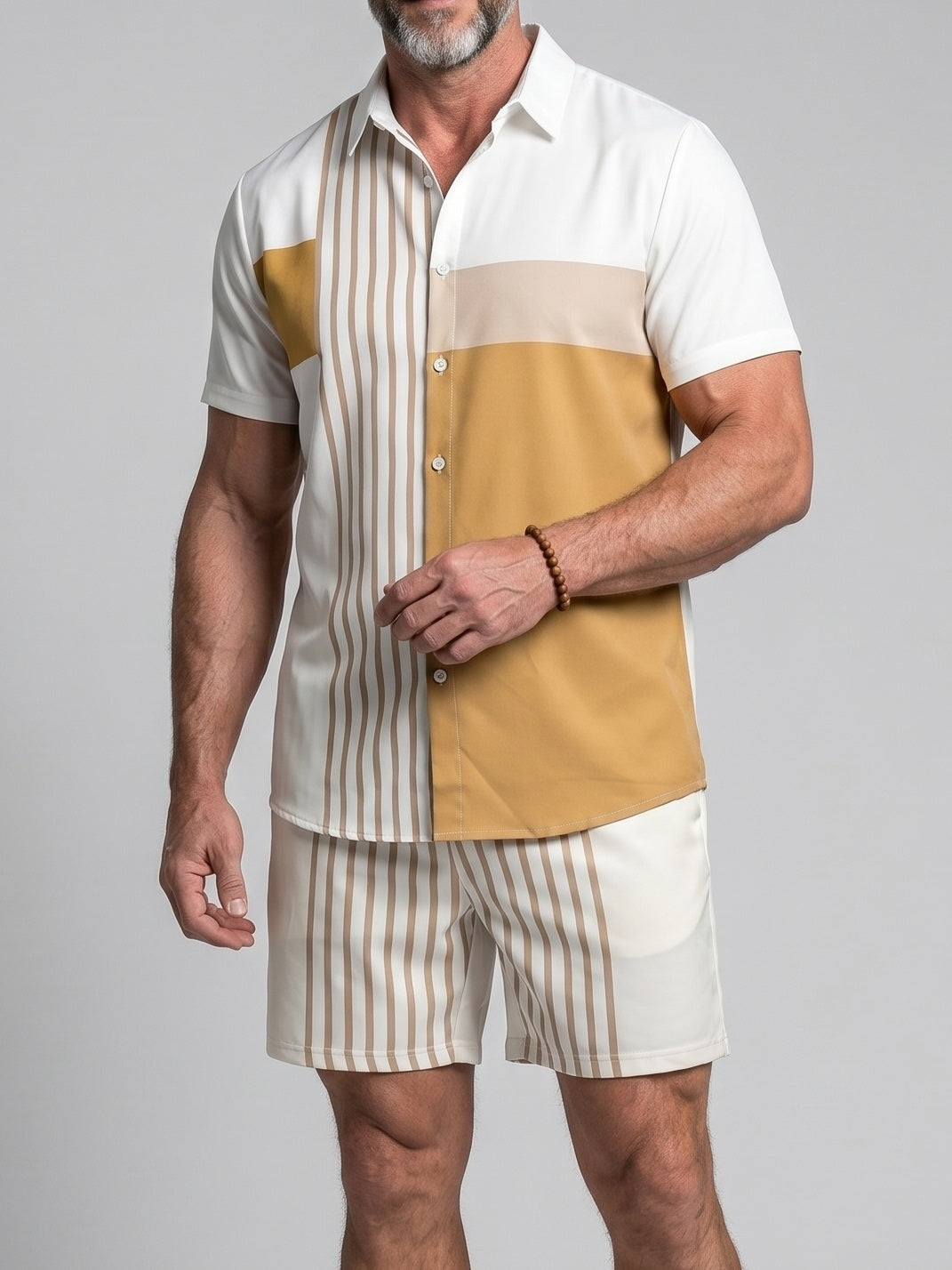 KZZ Men's Short-Sleeve Shirt and Shorts Set with Striped Paneling