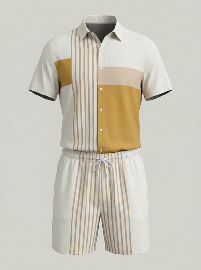KZZ Men's Short-Sleeve Shirt and Shorts Set with Striped Paneling