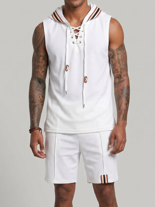 KZZ Men's Sleeveless Hooded Vest and Drawstring Shorts