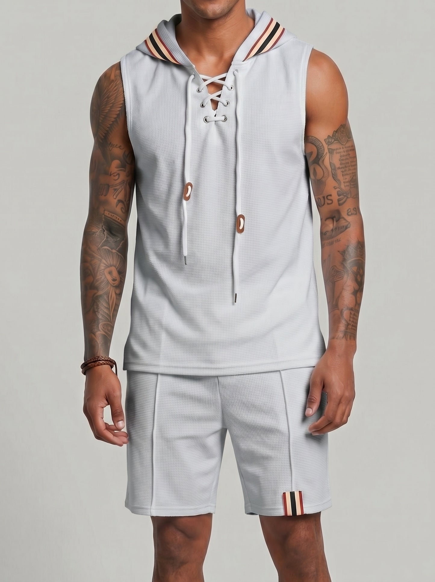 KZZ Men's Sleeveless Hooded Vest and Drawstring Shorts