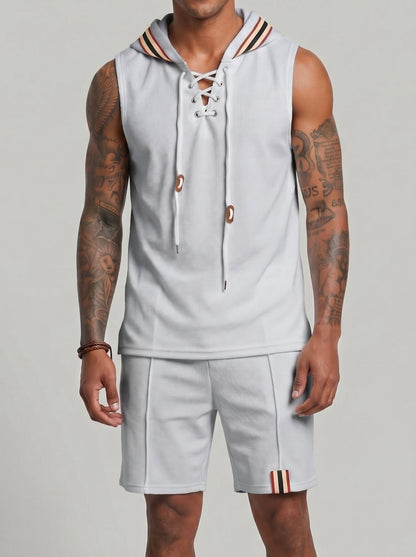KZZ Men's Sleeveless Hooded Vest and Drawstring Shorts
