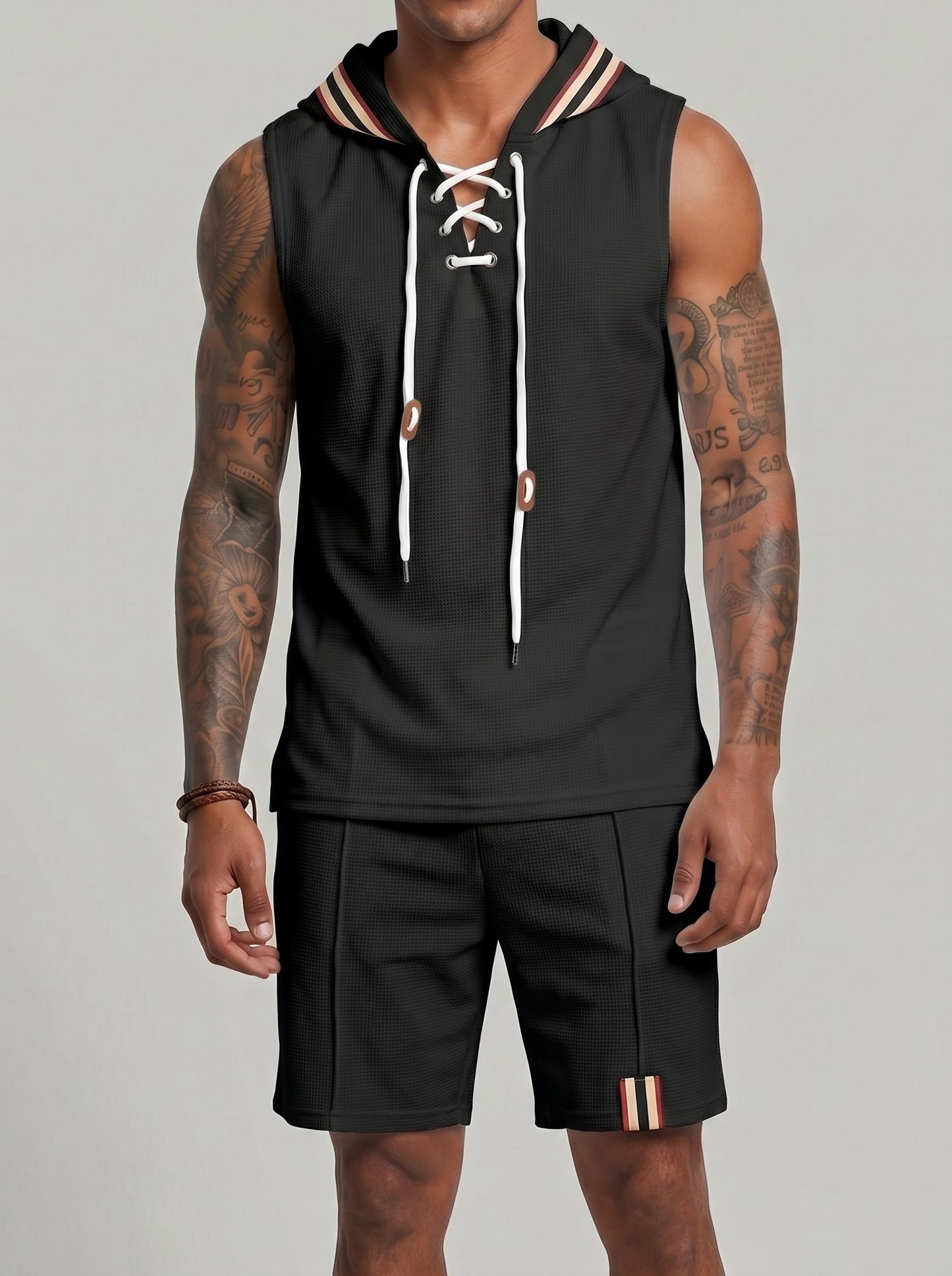KZZ Men's Sleeveless Hooded Vest and Drawstring Shorts