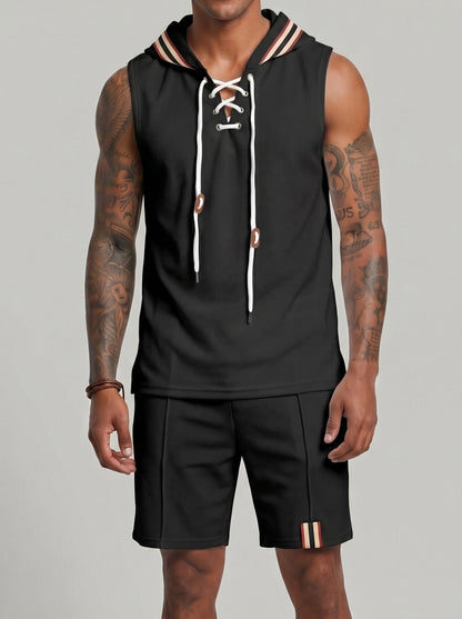 KZZ Men's Sleeveless Hooded Vest and Drawstring Shorts