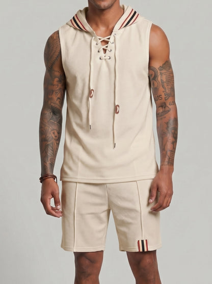 KZZ Men's Sleeveless Hooded Vest and Drawstring Shorts