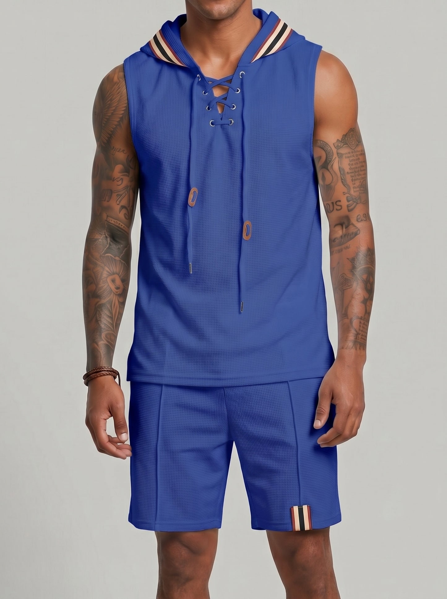 KZZ Men's Sleeveless Hooded Vest and Drawstring Shorts