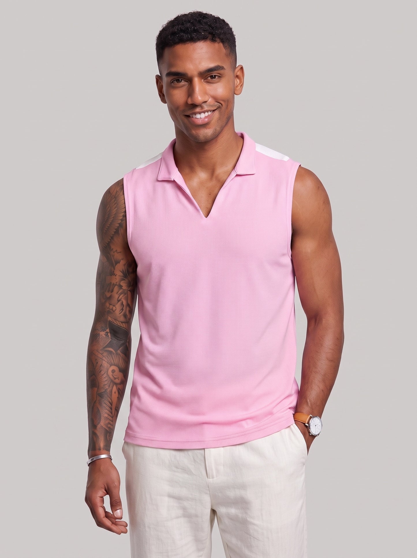 KZZ Men's Summer Sleeveless Vest with Stand Collar and Panel Detailing