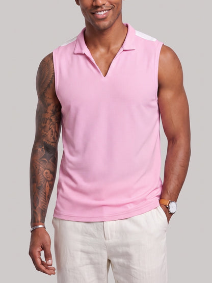 KZZ Men's Summer Sleeveless Vest with Stand Collar and Panel Detailing