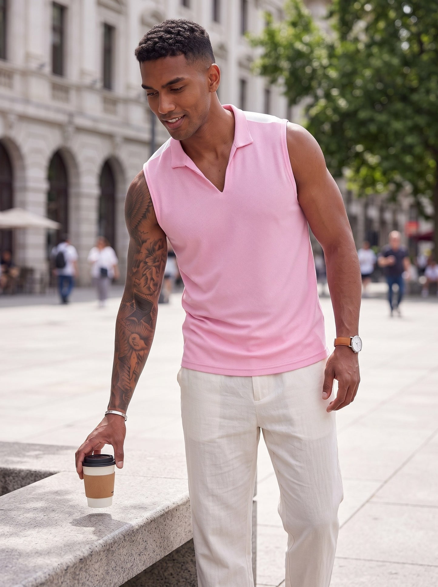 KZZ Men's Summer Sleeveless Vest with Stand Collar and Panel Detailing