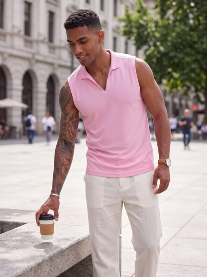 KZZ Men's Summer Sleeveless Vest with Stand Collar and Panel Detailing