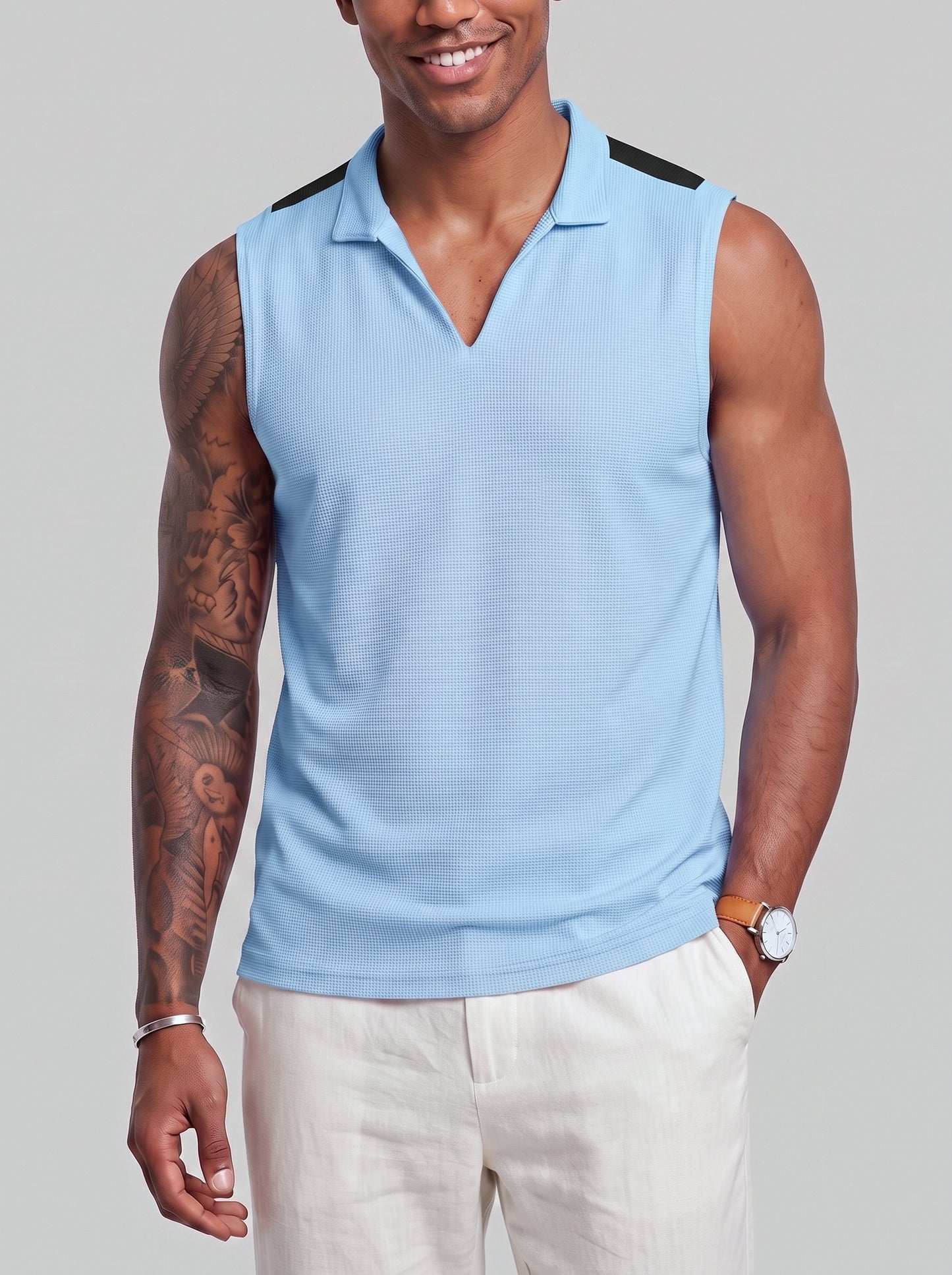 KZZ Men's Summer Sleeveless Vest with Stand Collar and Panel Detailing