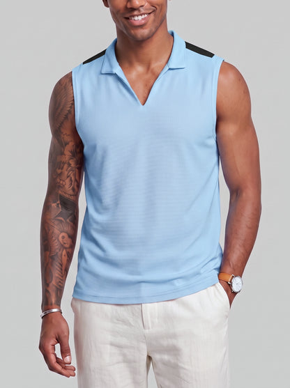 KZZ Men's Summer Sleeveless Vest with Stand Collar and Panel Detailing