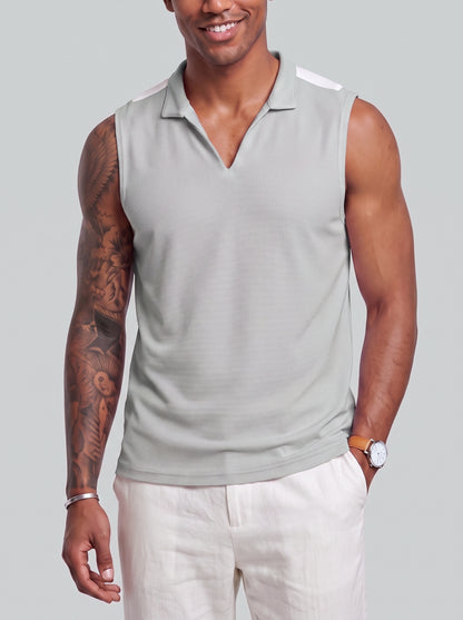 KZZ Men's Summer Sleeveless Vest with Stand Collar and Panel Detailing