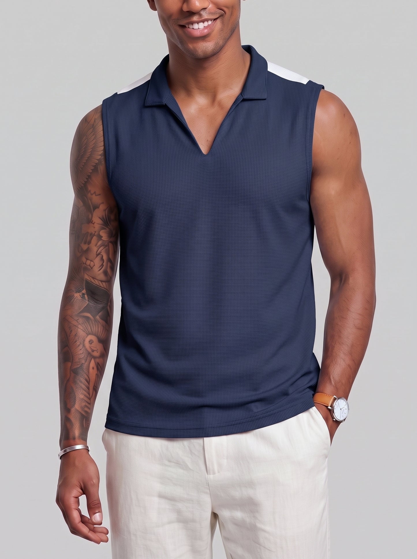 KZZ Men's Summer Sleeveless Vest with Stand Collar and Panel Detailing