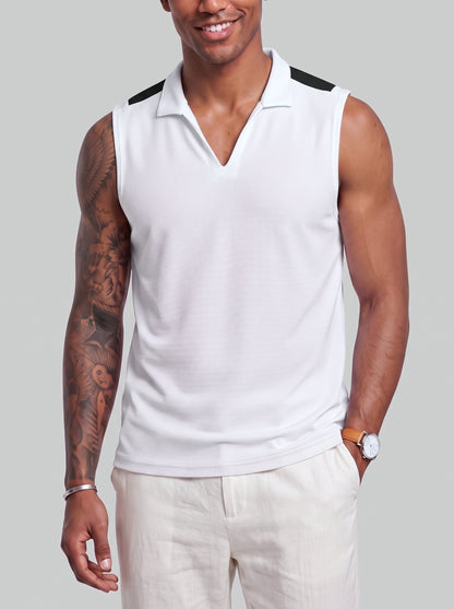 KZZ Men's Summer Sleeveless Vest with Stand Collar and Panel Detailing