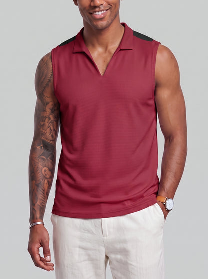 KZZ Men's Summer Sleeveless Vest with Stand Collar and Panel Detailing