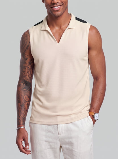 KZZ Men's Summer Sleeveless Vest with Stand Collar and Panel Detailing
