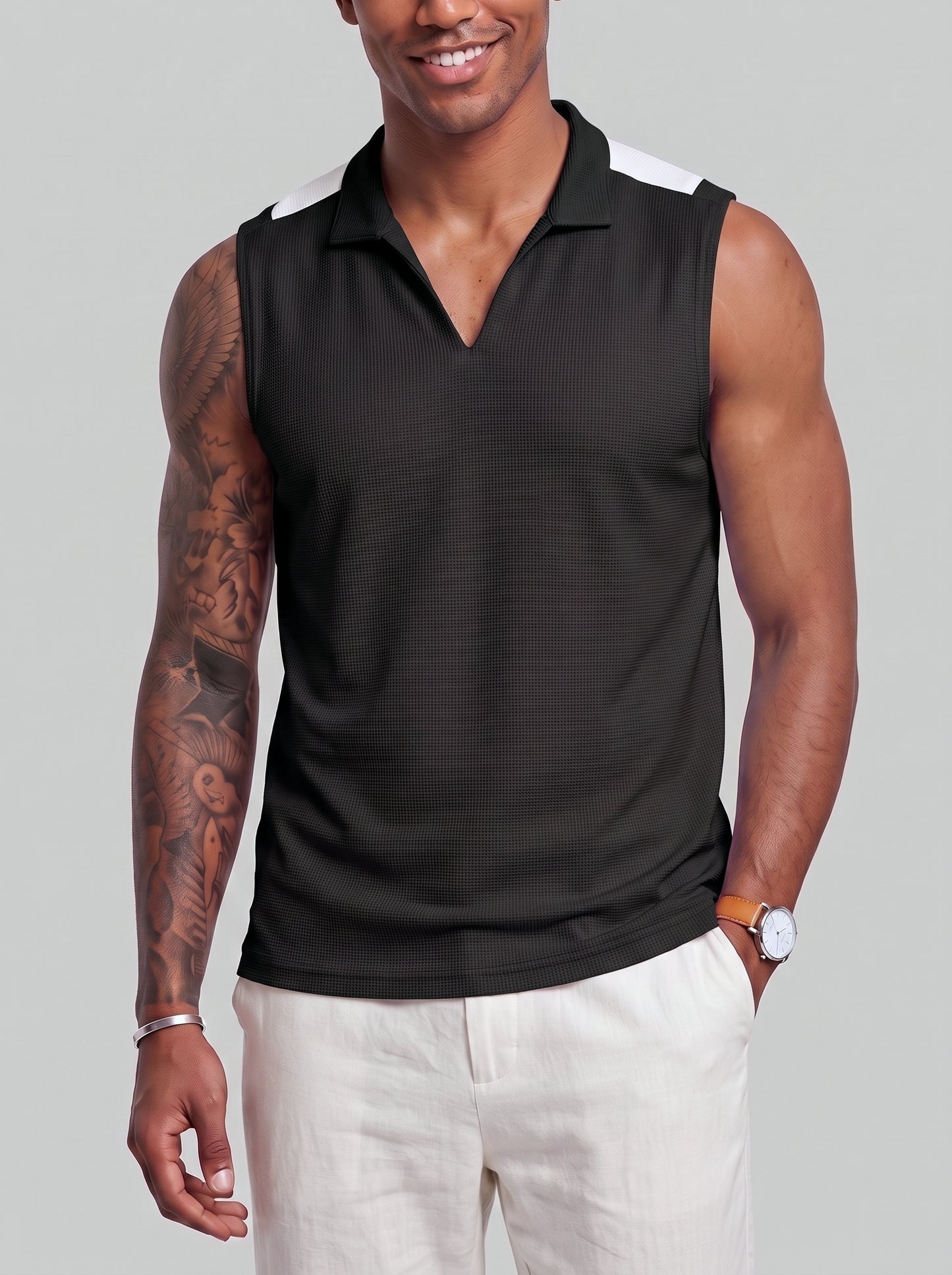 KZZ Men's Summer Sleeveless Vest with Stand Collar and Panel Detailing