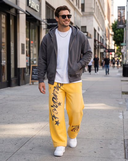 KZZ Men's Graffiti Gradient Washed Letter Print Street Style Sports Pants