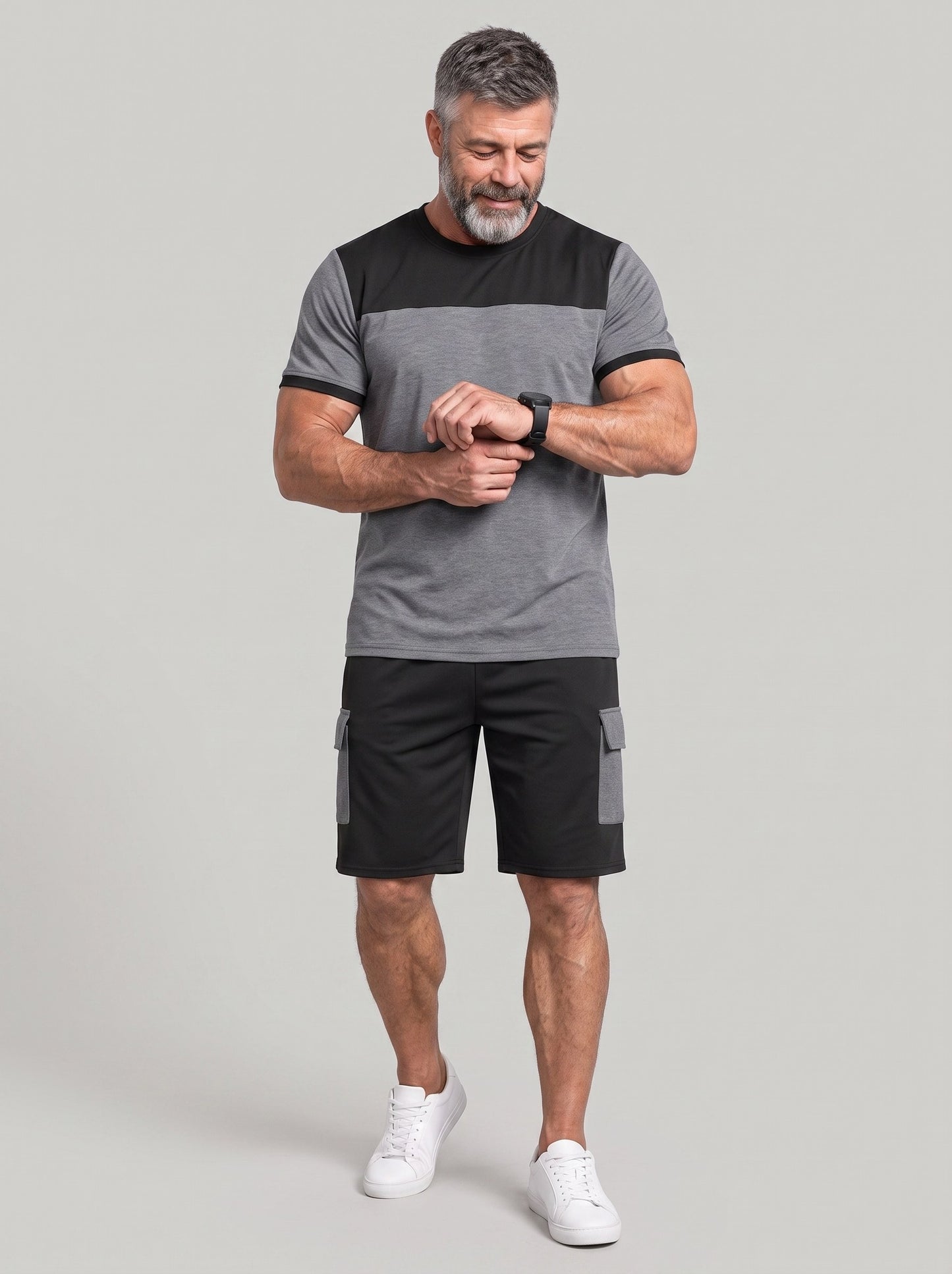 KZZ Men's Color-Block Short-Sleeve T-Shirt and Cargo Shorts Set