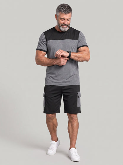 KZZ Men's Color-Block Short-Sleeve T-Shirt and Cargo Shorts Set