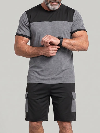 KZZ Men's Color-Block Short-Sleeve T-Shirt and Cargo Shorts Set