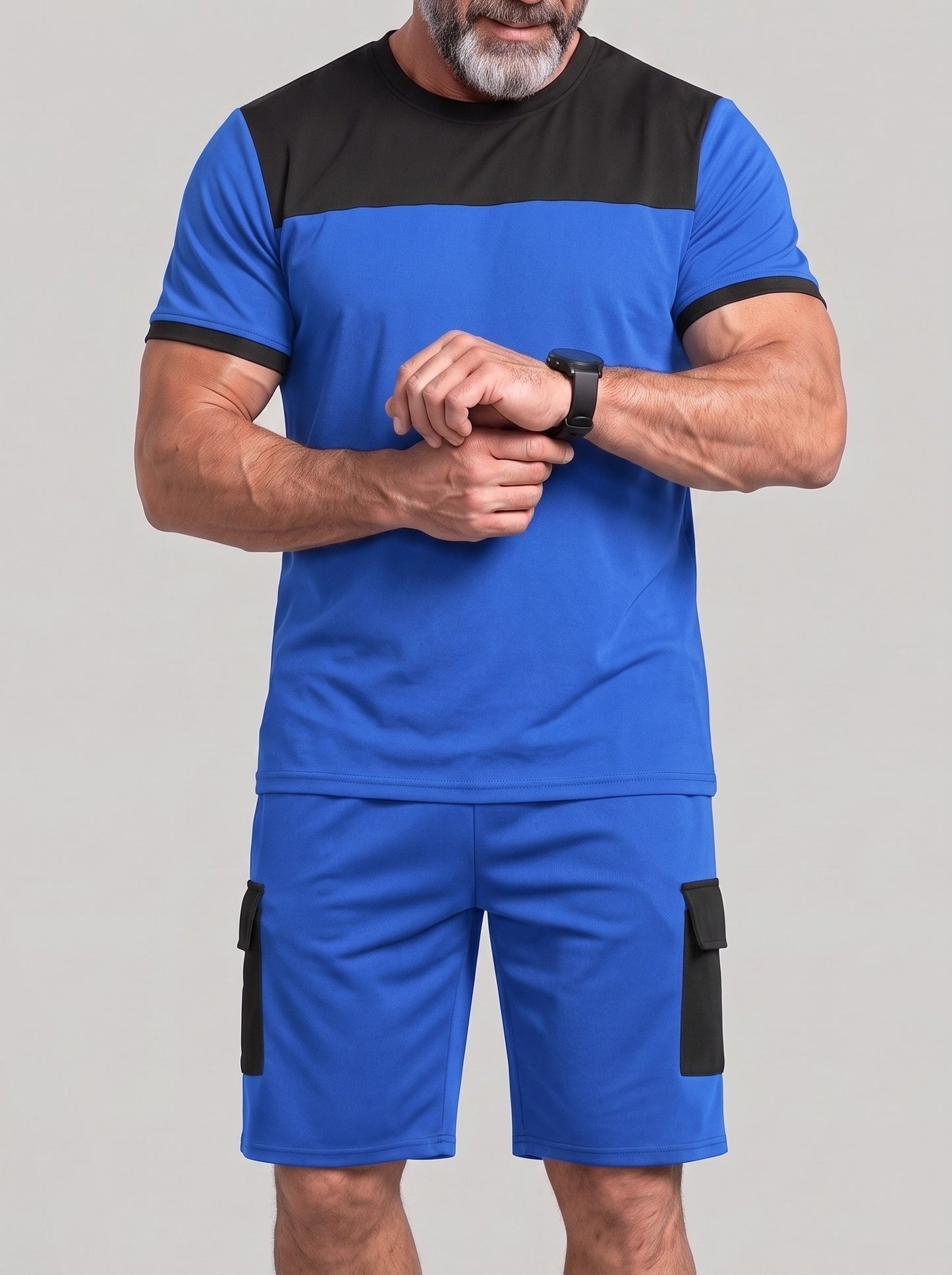 KZZ Men's Color-Block Short-Sleeve T-Shirt and Cargo Shorts Set