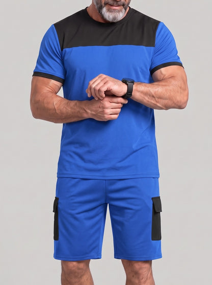 KZZ Men's Color-Block Short-Sleeve T-Shirt and Cargo Shorts Set