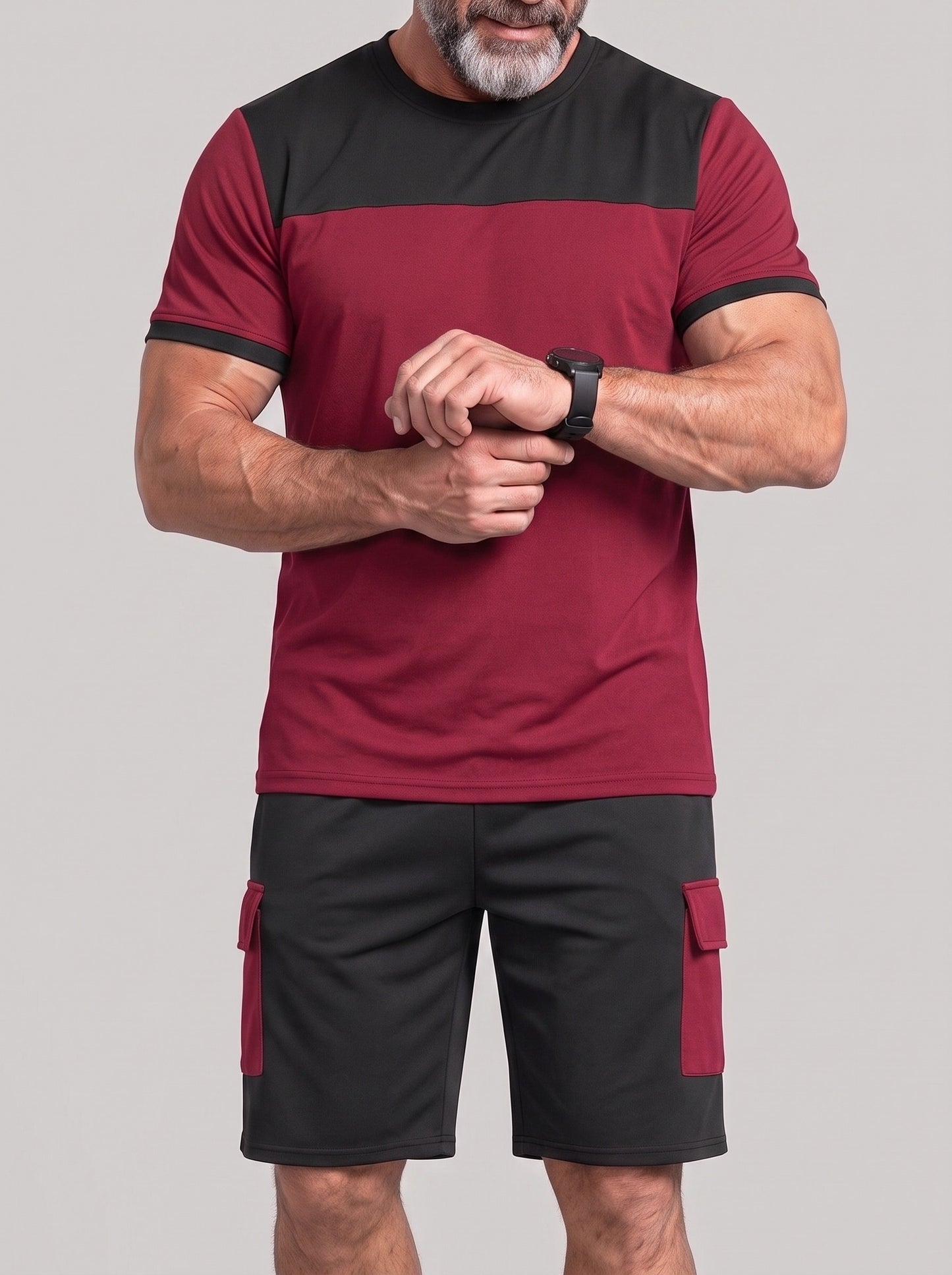 KZZ Men's Color-Block Short-Sleeve T-Shirt and Cargo Shorts Set