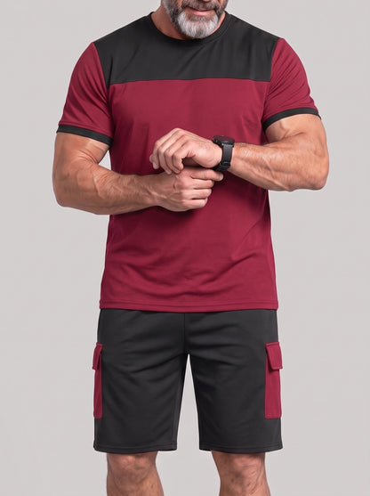 KZZ Men's Color-Block Short-Sleeve T-Shirt and Cargo Shorts Set