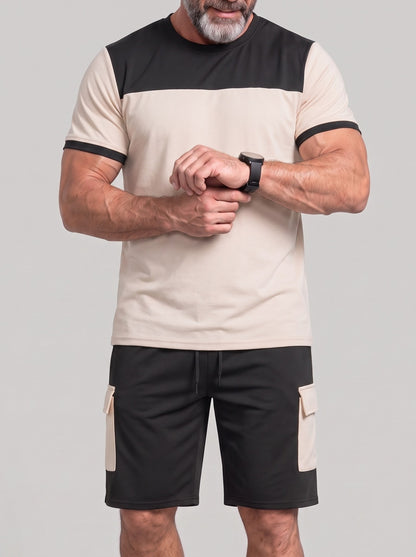 KZZ Men's Color-Block Short-Sleeve T-Shirt and Cargo Shorts Set