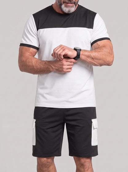 KZZ Men's Color-Block Short-Sleeve T-Shirt and Cargo Shorts Set