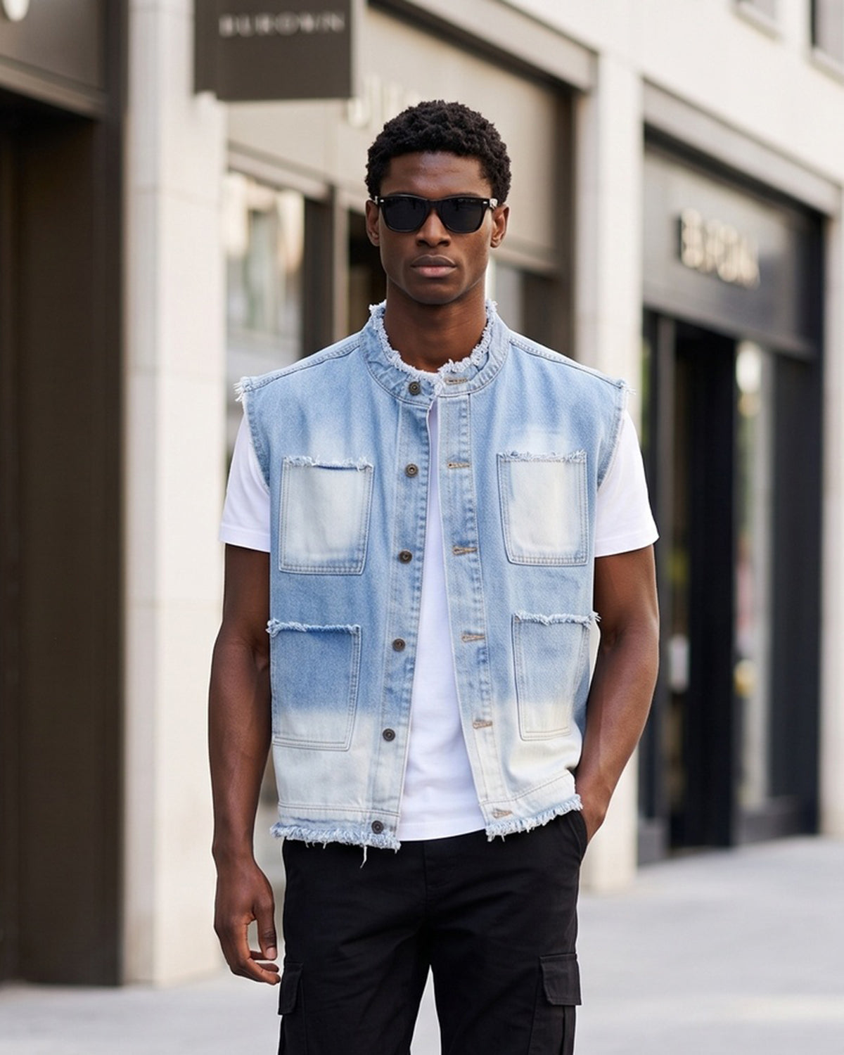 KZZ Men's Washed Sleeveless Denim Vest