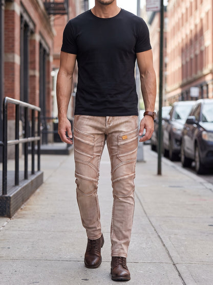 KZZ Men's Vintage-Washed Biker-Style Jeans