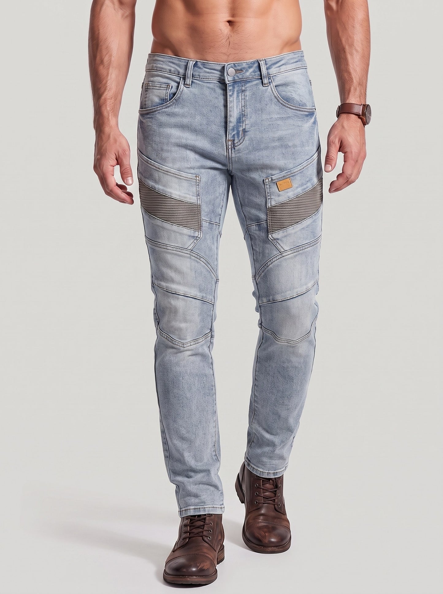 KZZ Men's Vintage-Washed Biker-Style Jeans