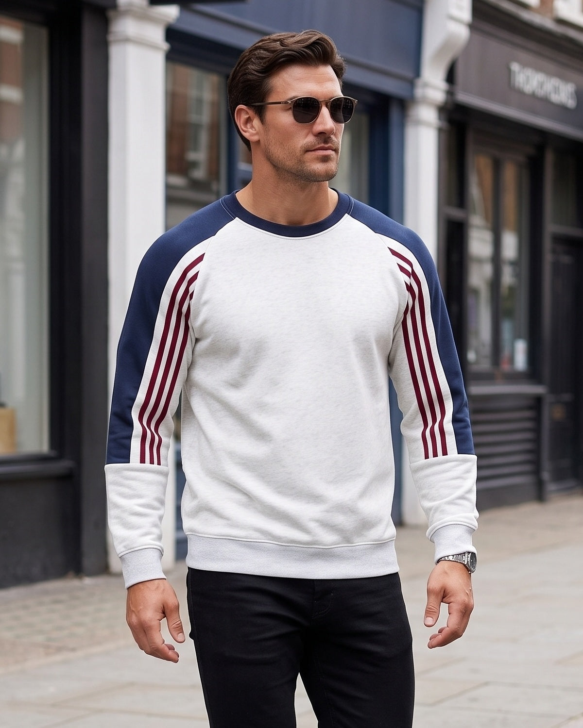 KZZ Men's Long Color Block Crew Neck College Style Thick Sweatshirt