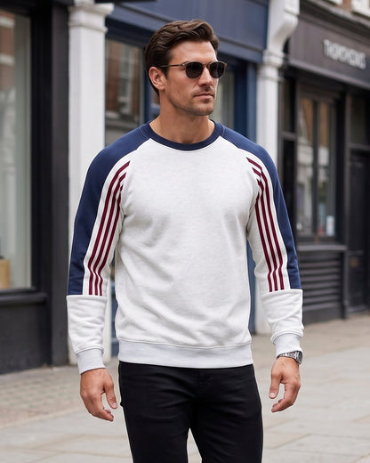 KZZ Men's Long Color Block Crew Neck College Style Thick Sweatshirt