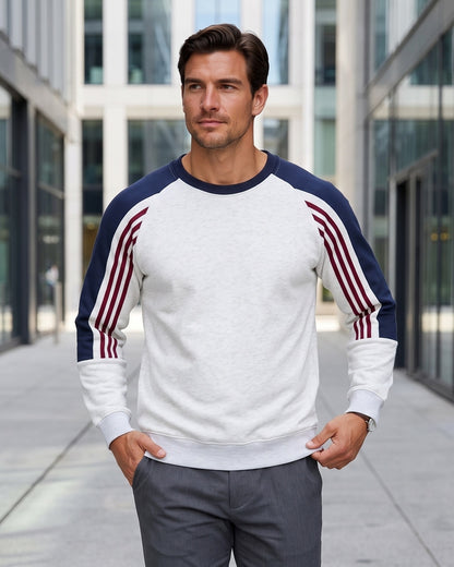 KZZ Men's Long Color Block Crew Neck College Style Thick Sweatshirt