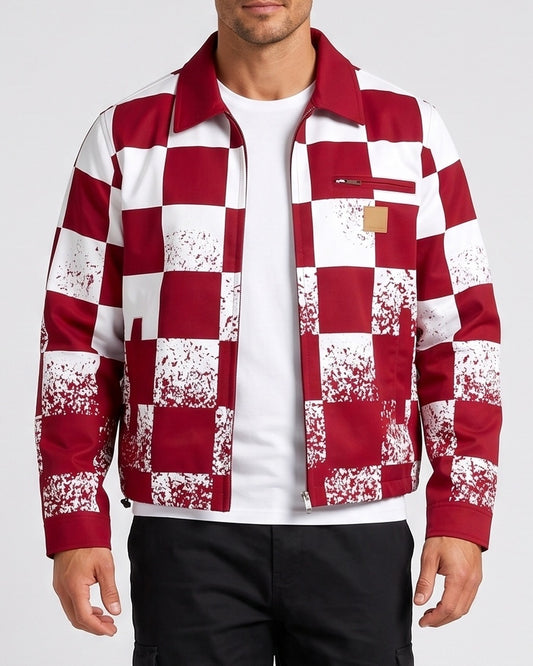 KZZ Men's red and white checkered bomber jacket