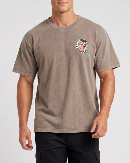 KZZ Retro acid-washed skull beer pattern T-shirt