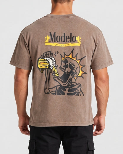 KZZ Retro acid-washed skull beer pattern T-shirt