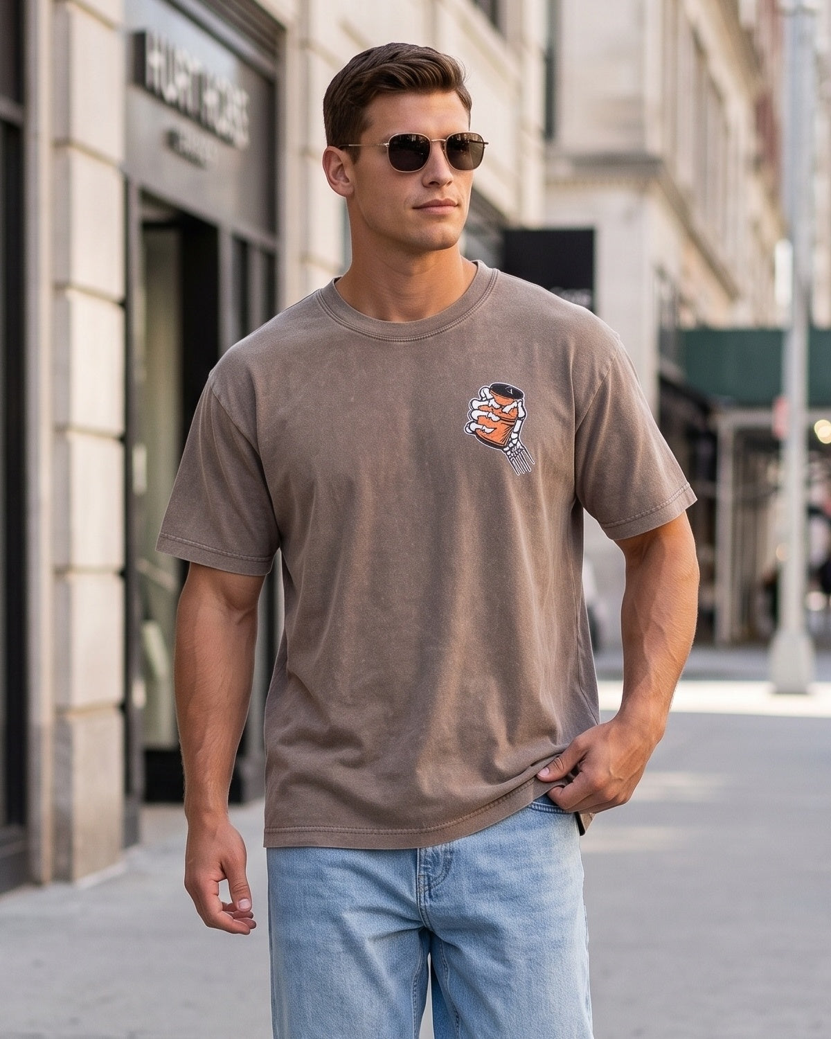KZZ Retro acid-washed skull beer pattern T-shirt