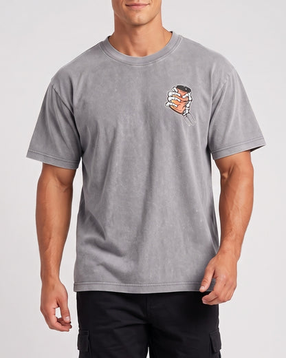 KZZ Retro acid-washed skull beer pattern T-shirt