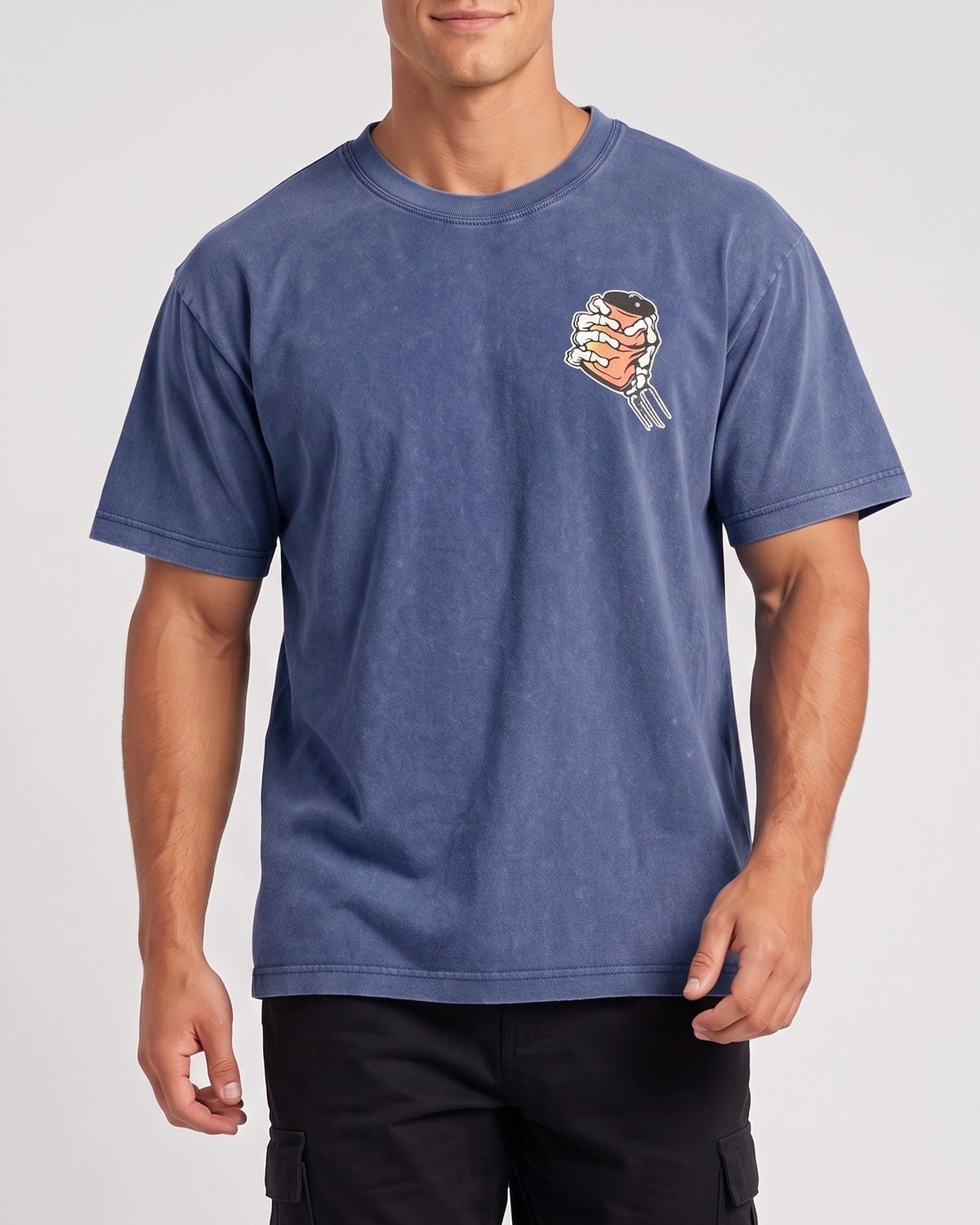 KZZ Retro acid-washed skull beer pattern T-shirt
