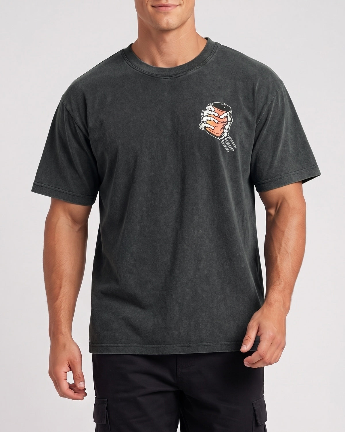 KZZ Retro acid-washed skull beer pattern T-shirt