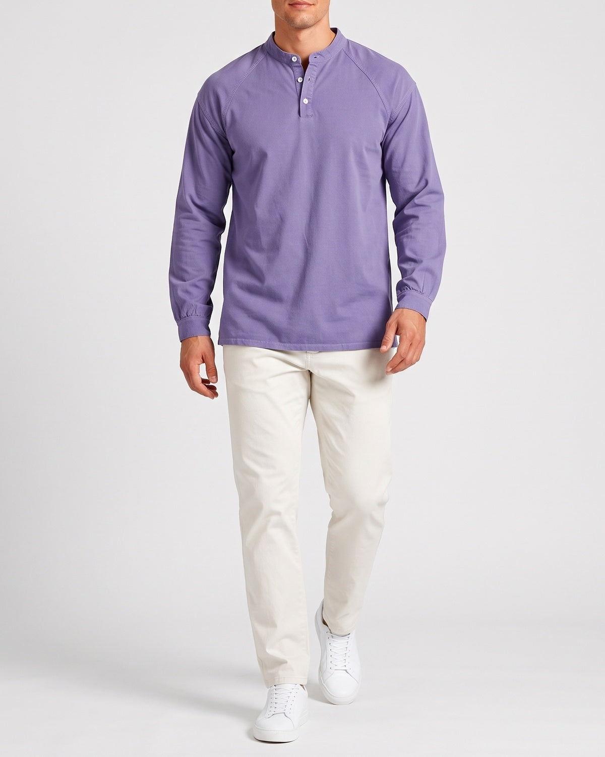 KZZ Men's Retro Washed Three-Button Stand Collar Henley Collar Long-Sleeve Pullover