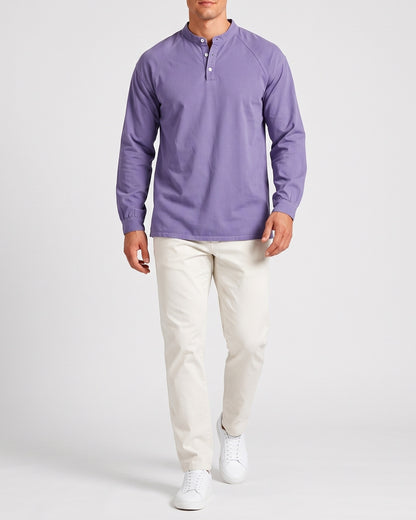 KZZ Men's Retro Washed Three-Button Stand Collar Henley Collar Long-Sleeve Pullover